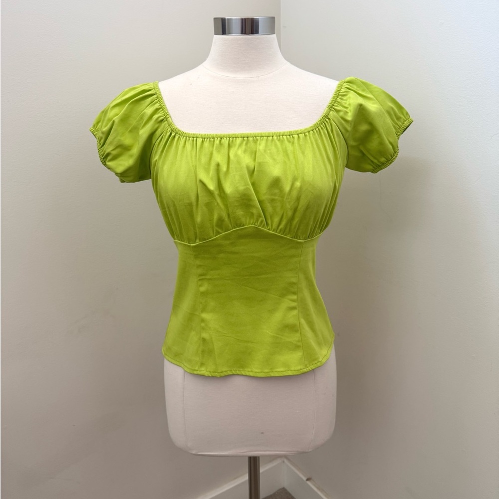 PINUP COUTURE PUG Peasant Top Chartreuse Stretch Cotton sateen MED NWT